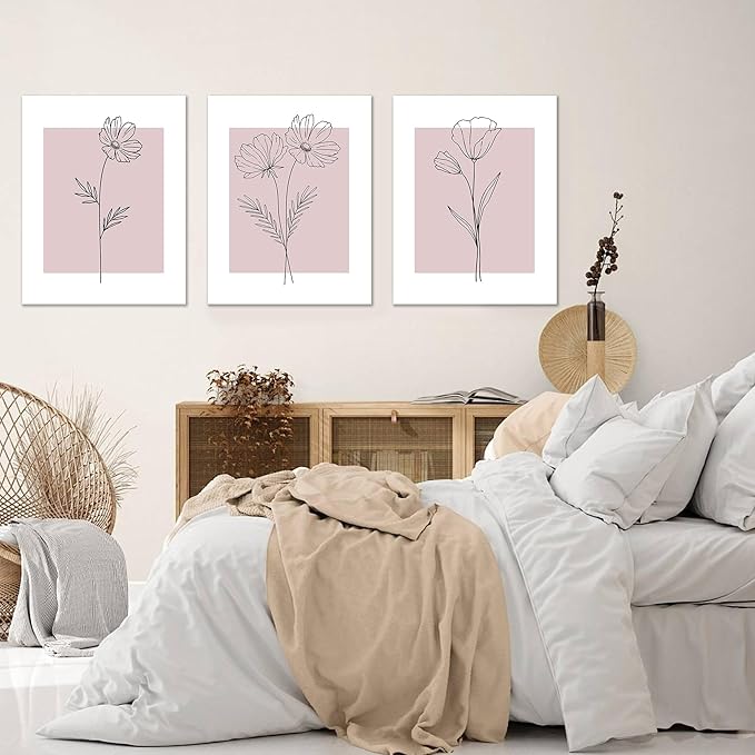 WRFON Unframed Pink Line Flower Canvas Wall Art, Light Pink Botanical Aesthetic Pictures, Minimalist Black Line Floral Poster Prints, Abstract Plants Wall Decor for Girls' Room Apartment 12"x16"x3