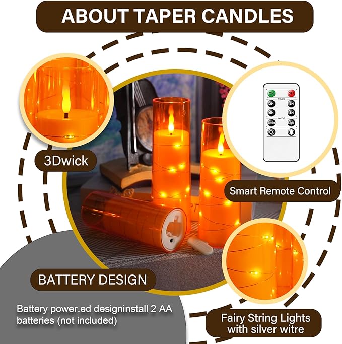 Flameless LED Candles with Timer 5 Pc Flickering Flameless Candles for Romantic Ambiance and Home Decoration Stable Acrylic Shell,with Embedded Star String，Battery Operated Candles（Orange）