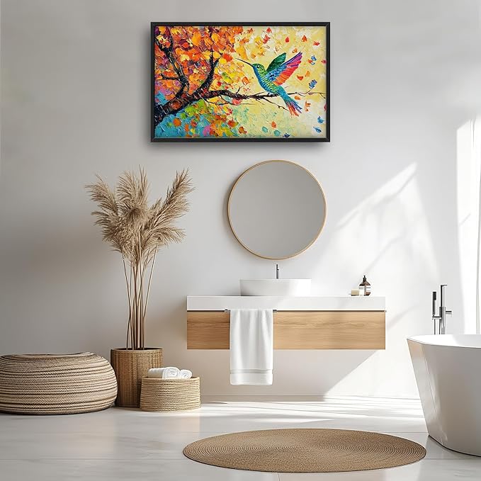 Hummingbird Framed Wall Art for Living Room, Large Bird Canvas Wall Decor, Hummingbirds on Branch Pictures Painting, Modern Artwork for Bathroom Bedroom 36L'' × 24W''