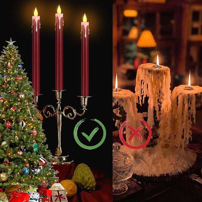 Flameless Taper Candles 10.6" Dripless Battery Operated Taper Candles Included Remote Timer 400+ Hours by 2AA Batteries for Halloween Christmas Wedding (Burgundy+White, 24 Pack)