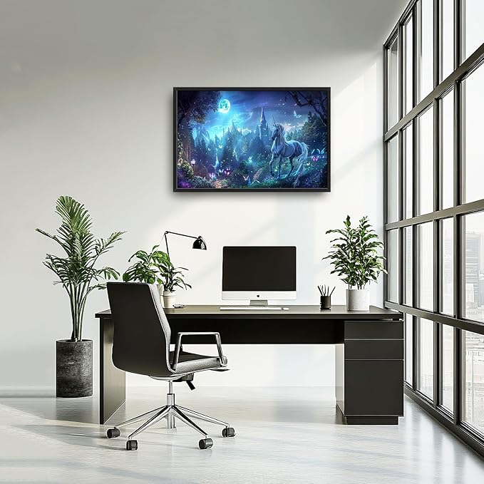 Flintis Large Unicorn Wall Art Unicorn Castle Moon Pictures Wall Decor Abstract Animal Canvas Painting Print Artwork Decoration Framed for Living Room Bathroom Master Bedroom Office 36L x 24W