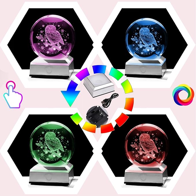 Ornalrist 3.15" Crystal Ball 3D Engraved Owl with Snowflake Gifts for Women Men Children Glass Sphere with LED Colorful Base Ideas on Birthday Christmas for Home Decor Figurine