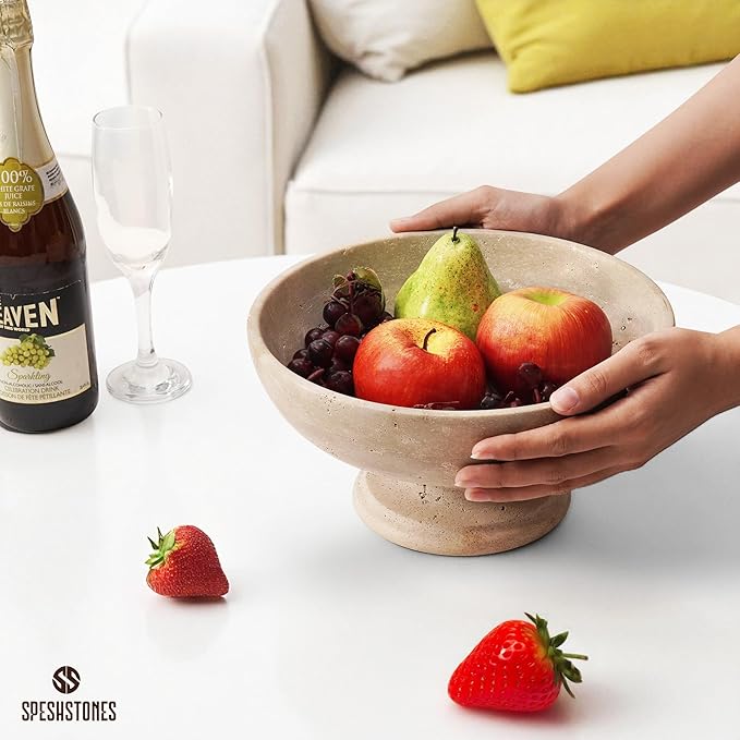 Marble Fruit Bowl 10 Inch Handmade Large Decorative Bowl for kitchen Counter - Modern Travertine Serving Dish for Fruits & Snacks - Pedestal Bowls for Dining Room & Coffee Table Decor