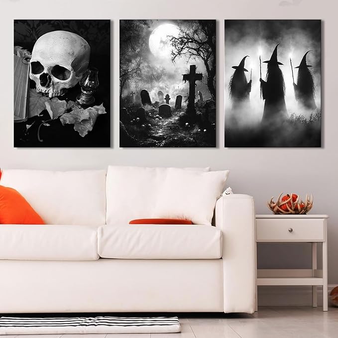 Halloween Wall Art Skull Wall Decor Creepy Witches Tomb Pictures Canvas Prints for Bedroom Living Room Decorations Vintage Gothic Wall Decor Dark Academia Paintings Spooky Posters Artwork 12x16” 3Pcs