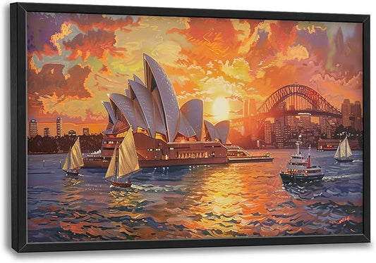 Sydney Opera House Large Wall Art for Living Room Framed, Sydney Wall Decor Pictures, Cityscape Canvas Print Painting, Aesthetic Artwork Bedroom Office Home Decor 36"x24"