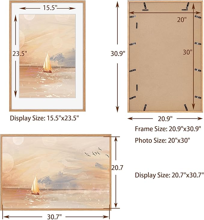 20x30 Oak Wood Picture Frame, 20"x30" Poster Frame for Wall, 20x30 Picture Frame with Mat for 16x24, 20 x 30 Picture Frames with Real Glass (Beige Oak Color, 2 Pack)