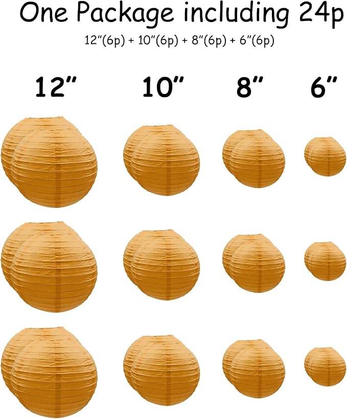 Handmade Decorative Chinese Japanese Hanging Paper Lanterns 24pcs Assorted Sizes 6", 8", 10", 12" Mixture Colors Decoration for Home, Weddings and Parties Lanterns (All Orange)