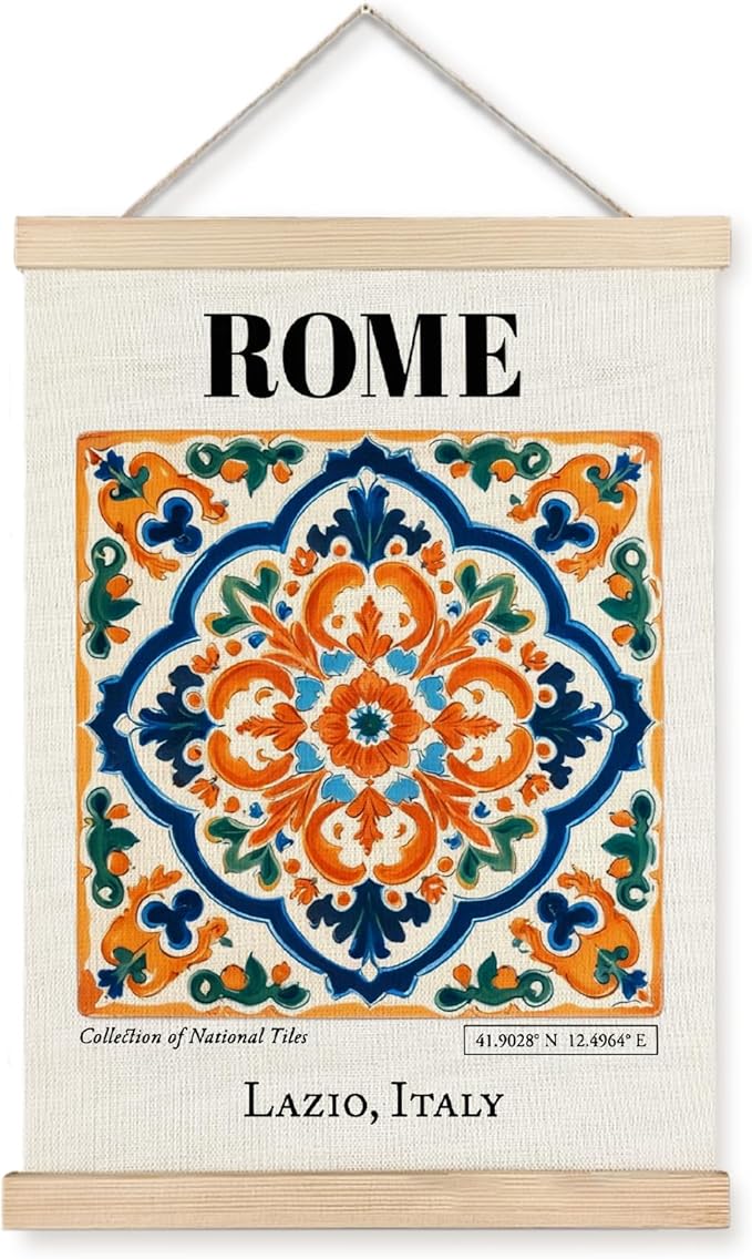 Yomisex Rome Lazio Italy Tile Wall Art Poster, Traditional Roman Tiles Exquisite Porcelain Aesthetic Canvas Prints Wall Art Framed for Home Bedroom Living Room Decor, 12x16 Inch