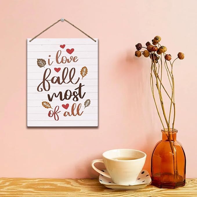 Love Fall Sign Autumn Thanksgiving Fall Decor Rustic Wood Sign Wall Decor for Home Farmhouse Living Room Bathroom Kitchen Seasonal Harvest Decorative Wooden Wall Hanging Decor Plaque