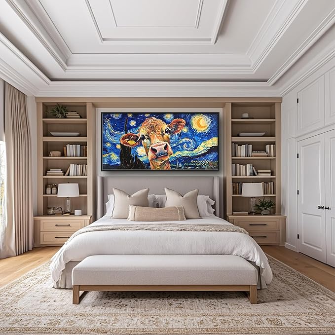 Flintis Large Cow Wall Art Starry Sky Night Cow Pictures Wall Decor Abstract Animal Canvas Painting Print Artworks Decorations Framed for Living Room Bathroom Master Bedroom Office 60L x 30W