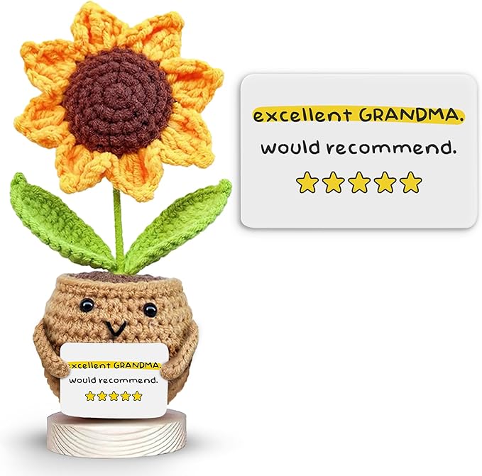 Gossby Positive Sunflower Doll Crochet with Card - Excellent Grandma Would Recommend - Gift for Grandma from Granddaughter, Grandson, Grandkid - Mothers Day, Christmas, Birthday Gift for Grandmother
