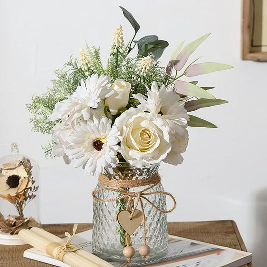 Artificial White Flowers with Vase, Fake Flowers Arrangement for Home Decor, Faux Flowers for Farmhouse Coffee Table Decor, House Kitchen Centerpiece Table Decorations