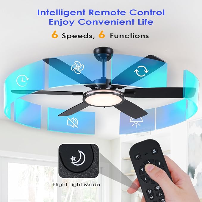 Ceiling Fans with Light, 52in Flush Mount Ceiling Fan with Light and Remote/App Control,Low Profile,Super Brigt LED,3CCT,Dimmable,Quiet DC Motor for Bedroom Kitchen Black
