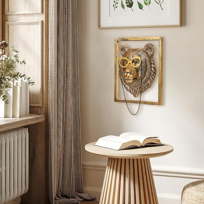 Animal Heads Wall Decor (Includes Metal Frame) Resin Animals Sculptures Head Wall Hanging Decoration Gold vintage Wall Sculpture for Living Room Bedroom Office(Bear)