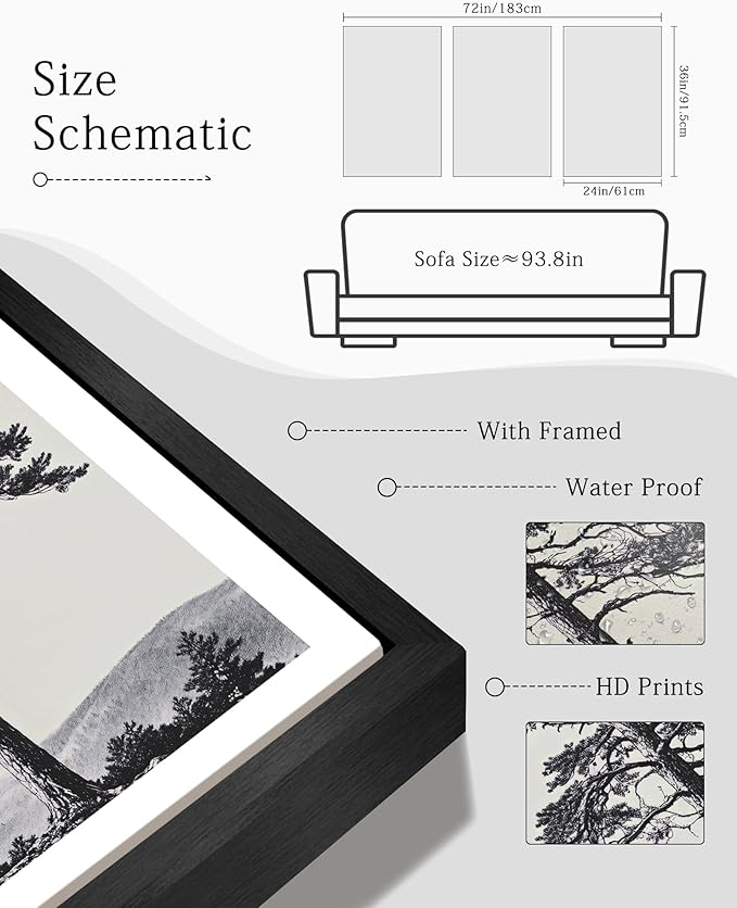 KUVIOKE Vintage Black Gray Forest Wall Art Framed Antique Retro Tree Prints Modern Rustic Artwork Bedroom Living Room Ready to Hang 24x36in (Black Framed)