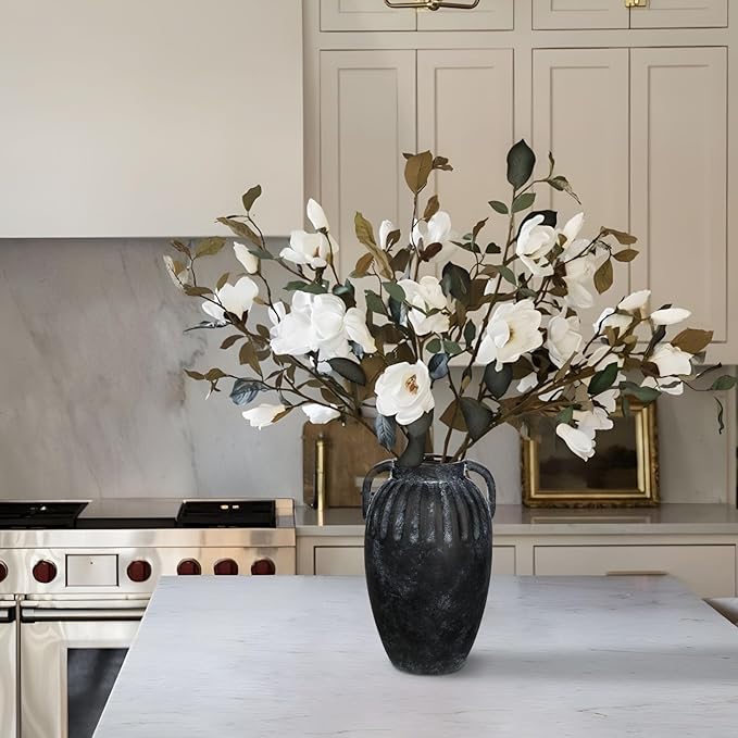 Ceramic Rustic Farmhouse Vase, 9 inch Pottery Black Flower Vase with 2 Handles for Centerpieces Pampas Grass Boho Modern Rustic Farmhouse Decor for Living Room Kitchen Countertop Dinner Table Shelves