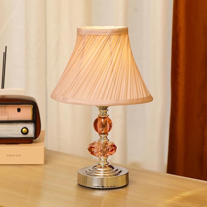 Small Modern Crystal Bedside Table Lamp, 7 x 7 x 12 Inch Electroplaetd Silver Base Table Lamp for Bedrooms and Office (Pink Pleated Bell Shape Shade)