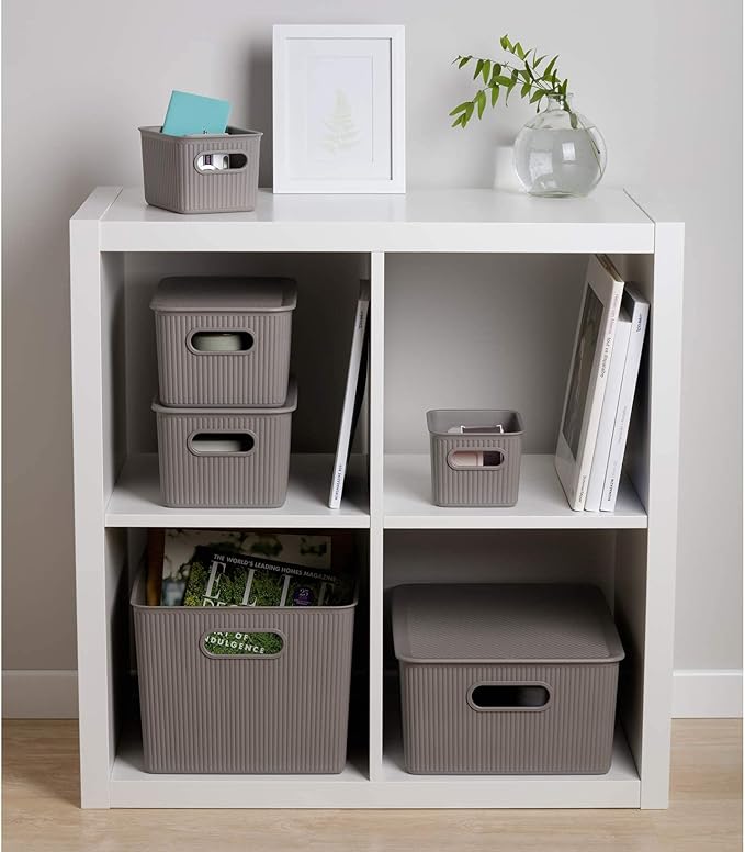 Superio Ribbed Collection - Decorative Plastic Lidded Home Storage Bins Organizer Baskets, X-Large Taupe (1 Pack - 22 Liter) Stackable Container Box, for Organizing Closet Shelves Drawer Shelf