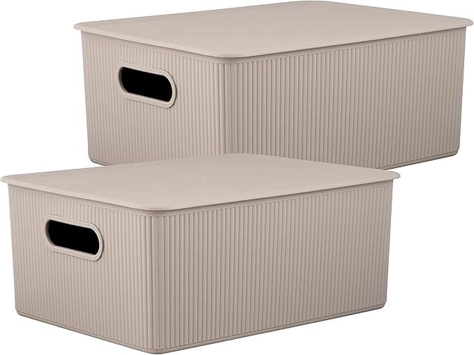 Superio Ribbed Collection - Decorative Plastic Lidded Home Storage Bins Organizer Baskets, Large Taupe (2 Pack - 15 Liter) Stackable Container Box, for Organizing Closet Shelves Drawer Shelf