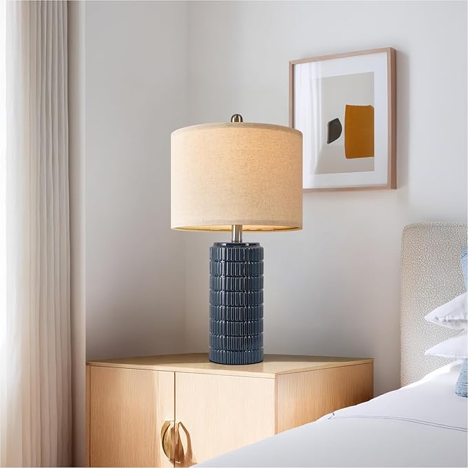 PoKat 24" Modern Ceramic Table Lamps Set of 2 for Bedroom, Blue Bedside Lamps for Night Stands, Farmhouse Desk Decor Nightstand Table Lamps for Living Room End Table Dark Blue