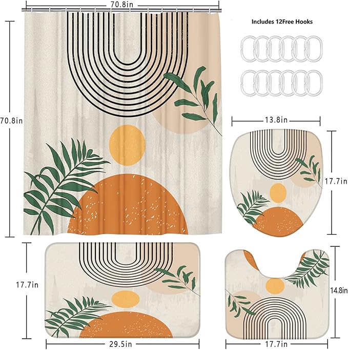 FZDHHY 4PCS Boho Shower Curtain Set Retro Orange Shower Curtain Bathroom Set with Rugs Abstract Shower Curtains for Bathroom with Carpet Bath Mat Toilet Rugs