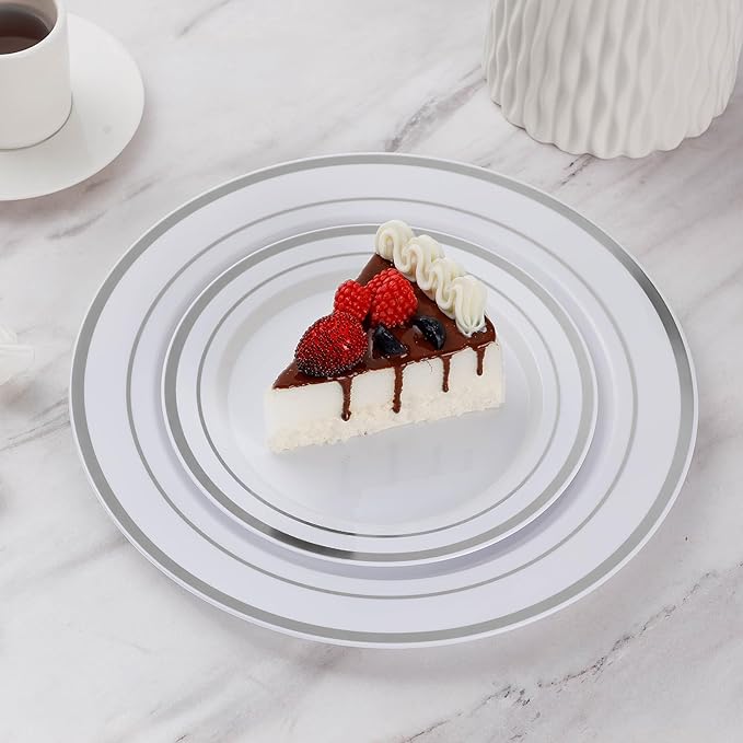 Goodluck 120PCS Silver Plastic Plates, Heavy Duty Disposable Silver Plates with 60 10.25 inch Dinner Plates and 60 7.5 inch Dessert Plates, Disposable Plates for Party, Holiday, Wedding