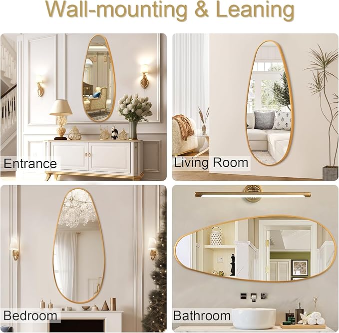 JJUUYOU Wall Mirror Irregular Metal Framed Decorative Gold Mirrors Large 39" X 18" Asymmetrical Modern for Bedroom Living Room Entryway Hallway Hanging Home Decor