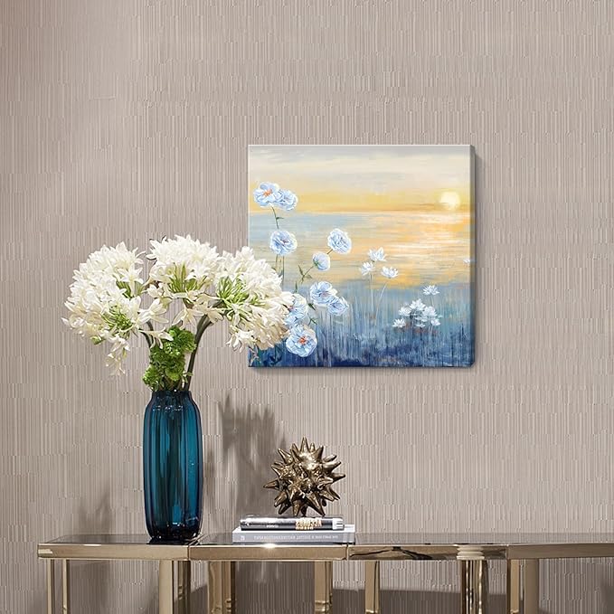 Bathroom Decor Wall Art Blue Ocean Sunset Seascape Painting Seaside Wildflowers Picture Abstract Coastal Canvas Print Natural Scenery Sunrise With Yellow Orange Sky Landscape Framed Artwork 14x14inch