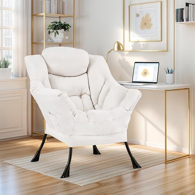 Lazy Chair for Living Room, Modern Accent Chairs with Armrests, Comfy Lounge Chair with Side Pocket, Cozy Lazy Sofa for Reading, Balcony, Bedroom, Dorm, Small Spaces (Beige)