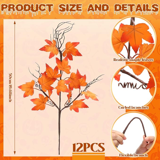 12 Pcs 19.7 Inch Artificial Fall Flowers Burnt Orange Fake Maple Leaf Floral Stems Autumn Floral Picks Thanksgiving Harvest Centerpieces Decorations for Home Indoor Vase Arrangement Decor