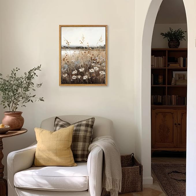 KBKBART Vintage Wall Art Framed, Retro Countryside Autumn Wildflower Field Landscape Canvas Painting Farmhouse Decor Wall Art, Rustic Fall Landscape Bathroom Wall Decor for Bedroom Living Room,