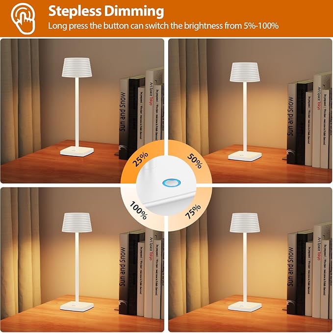 LED 2Pack Cordless Table Lamps Rechargeable,Battery 6000mAh LED Portable Lights for Outdoor/Patio/Restaurant/Indoor Desk Lamp - IP54 Waterproof 3 Colors Stepless Dimming (2pack White)