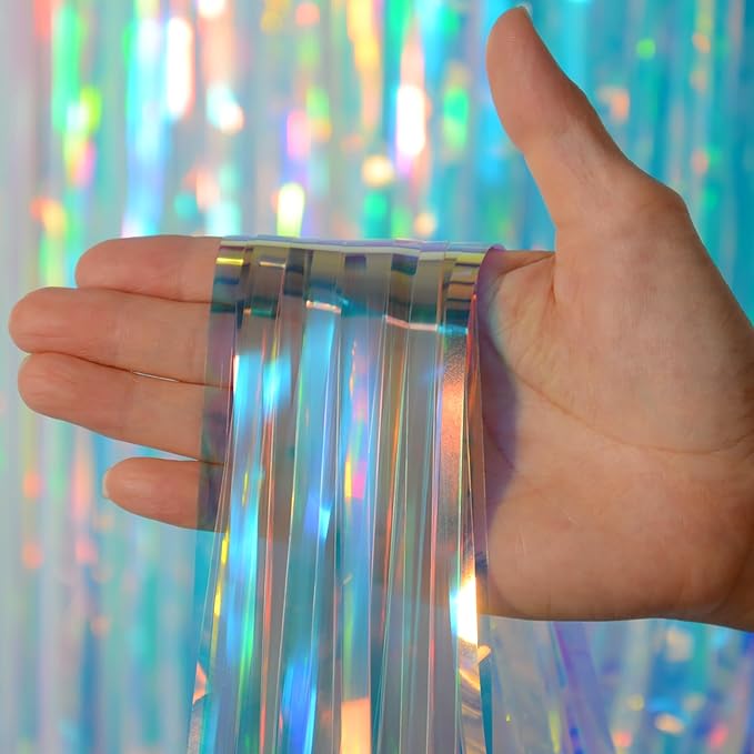 Melsan Iridescent Foil Fringe Backdrops Party Decorations - 2 Pack 3.2 x 6.5 ft Metallic Tinsel Photo Backdrop Curtains for Mermaid Unicorn Birthdays Parties - Iridescent 2 Packs