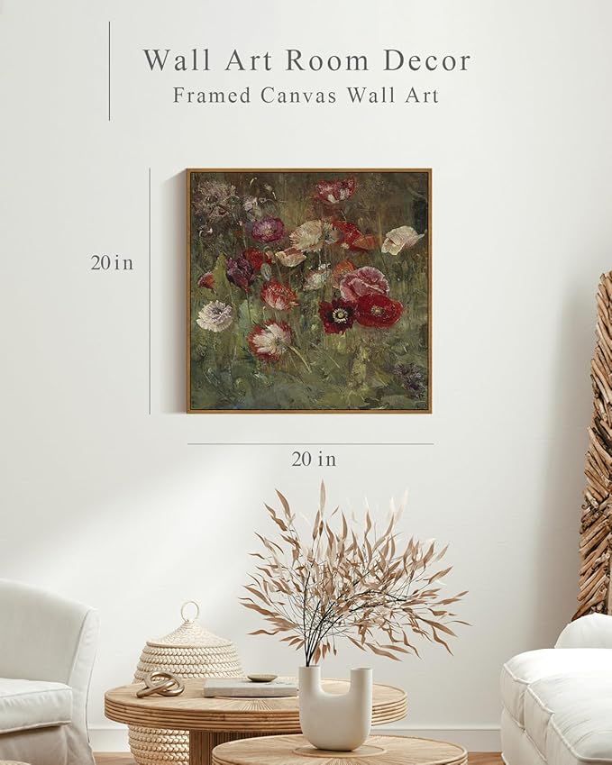 InSimSea Square Framed Canvas Wall Art, Large Decor A Bed of Poppies Paintings, Classical Floral Wall Pictures for Bedroom Bathroom Living Room, Canvas Prints Vintage Home Decor 20"x20"