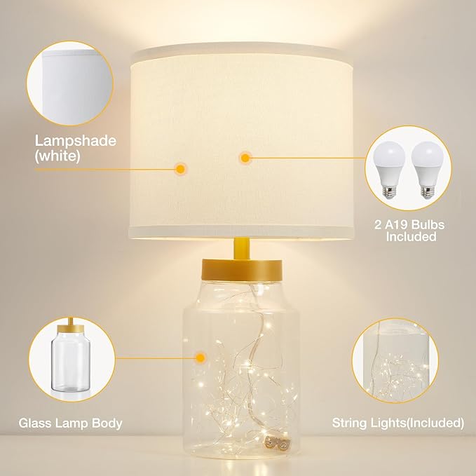 GyroVu Fillable Table Lamp, Bedside Lamp with Clear Glass Fillable Lamp Nightstand Lamp for Living Room Bedrooms Office, Bulbs Included(Gold+White Lampshade)