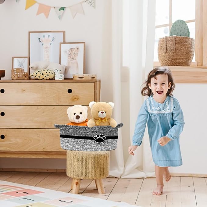 Small Woven Baskets for Organizing Rope Storage Basket with Handle Cute Cotton Basket for Nursery Gift Dog Toy Storage Bins for Toy Organizer-Black&Grey