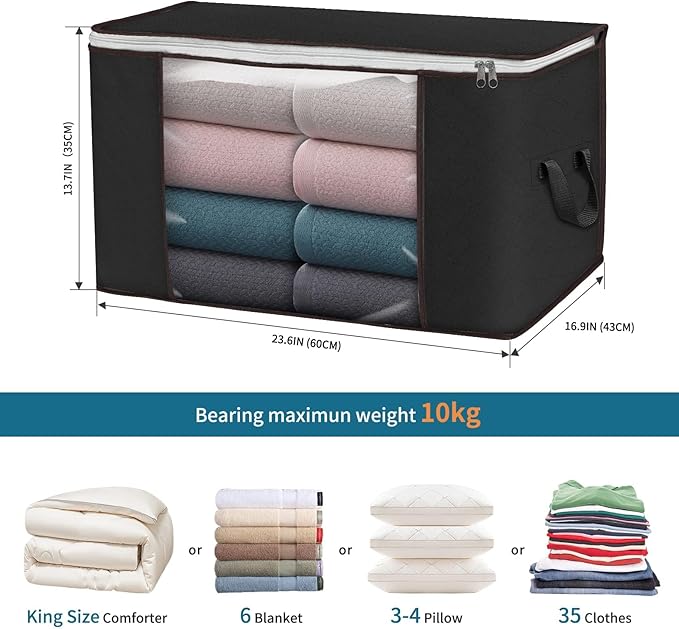 Budding Joy 90 L Large Storage Bags, 10 Pack Clothes Storage Bins Foldable Closet Organizers Storage Containers with Reinforced Handle for Clothing, Blanket, Comforters, Bed Sheets, Pillows (Black)