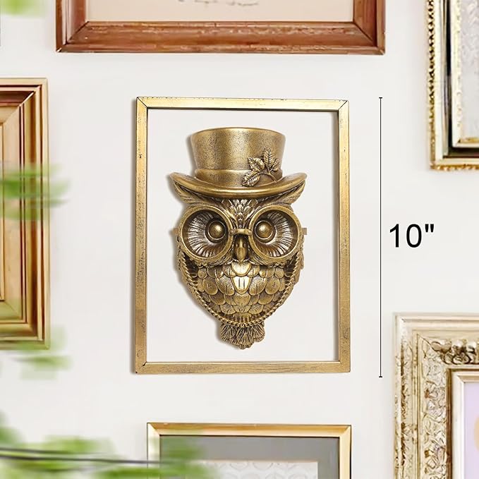 Animal Heads Wall Decor (Includes Metal Frame) Halloween Resin Animals Sculptures Head Wall Hanging Decoration Gold vintage Wall Sculpture for Living Room Bedroom Office(Owl)