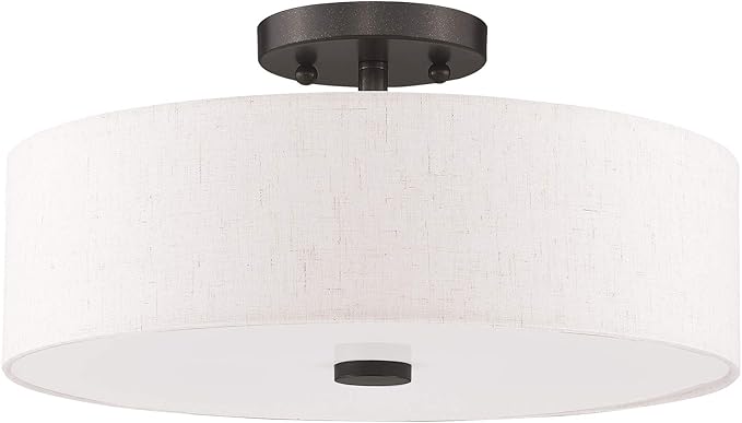 Livex Lighting 52135-92 Meridian Collection 3-Light Semi Flush Mount Ceiling Fixture with Oatmeal Color Fabric Hardback Drum Shade and Satin White Diffuser, English Bronze