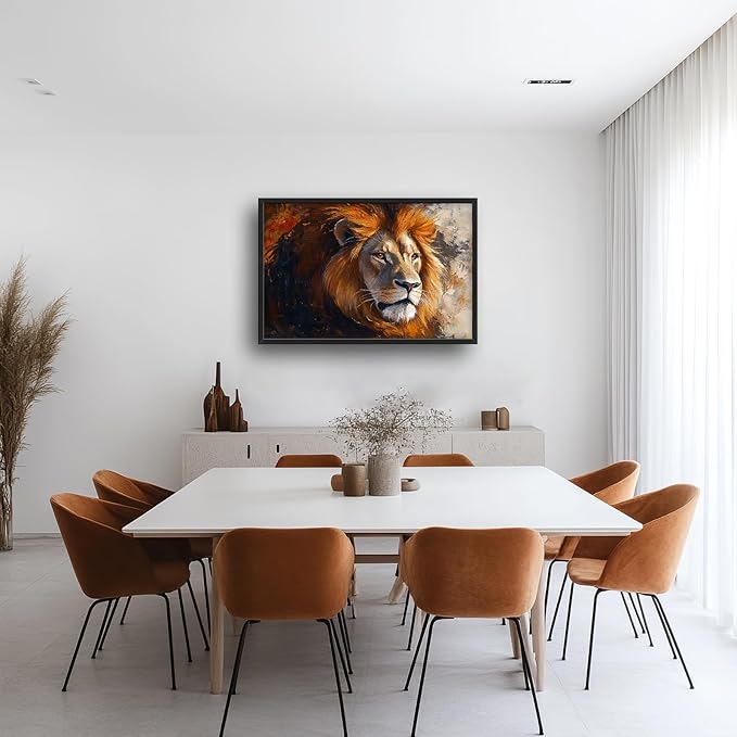 Lion Framed Wall Art for Living Room, Large Brown Lion Canvas Wall Decor, Wild Animal Pictures Painting, Modern Artwork for Bathroom Bedroom Office 36L'' × 24W''