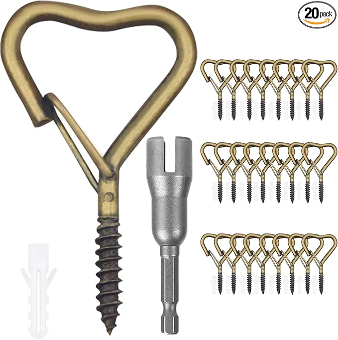 Lamp Wire Hook，Heart-Shaped Screw-in Wall Hooks for Outdoor Decor, Champagne Metal, Key Hook，Decorative Plant Hanging，Clothes Hook (Bronze, 25Pcs)
