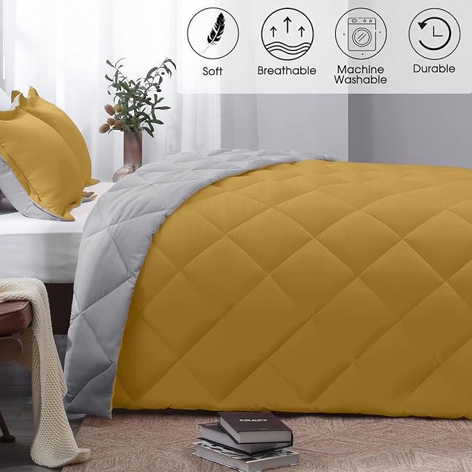 Basic Beyond King Size Comforter Set - Reversible King Bed Comforter Set for All Seasons, Ochre/Grey, 1 Comforter (104"x92") and 2 Pillow Shams (20"x36"+2")