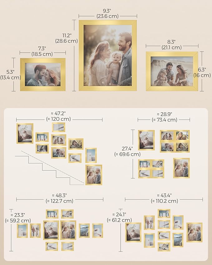 SONGMICS Picture Frames, Collage Picture Frames Set of 10, Two 8x10, Four 5x7, Four 4x6, Photo Frame for Wall Gallery Decor, Table Display, Glass, Pale Gold URPF010A01