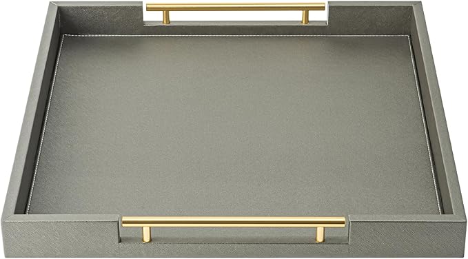 Faux Leather Serving Coffee Tray with Gold Handles,Gray Rectangle Decorative Trays for Home Decor Large Ottoman Tray for Living Room