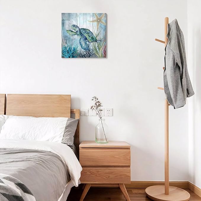 14x14 Inch Sea Turtle Bathroom Wall Decor Modern Canvas Ocean Theme Art Blue & Green Coastal Wall Pictures for Bedroom/Home/Office/Kitchen Waterproof Ultraviolet Resistant Framed Canvas