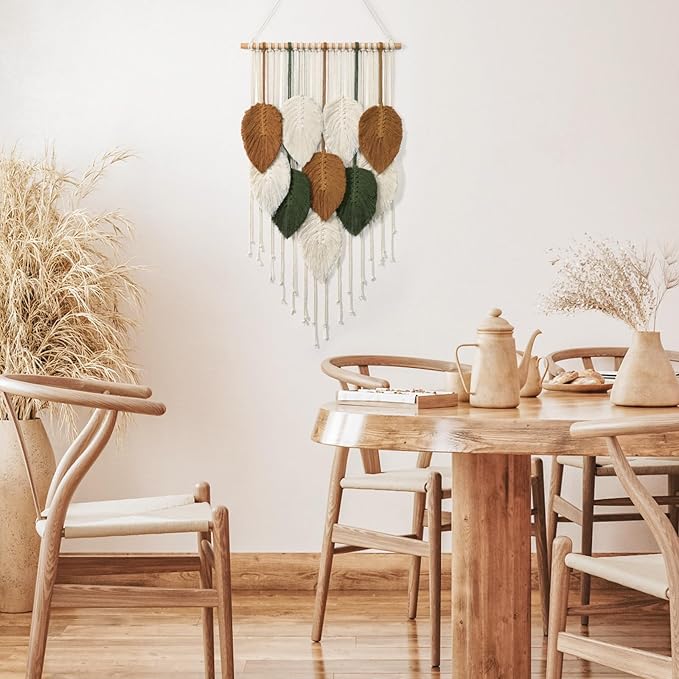 KHOYIME Macrame Wall Hanging Leaves Woven Tapestry, Boho Chic Home Decor Modern Bohemian Handmade Leaf Feather Wall Art Decorations for Apartment Dorm Living Room Bedroom Nursery Backdrop 16.5"x29.5"