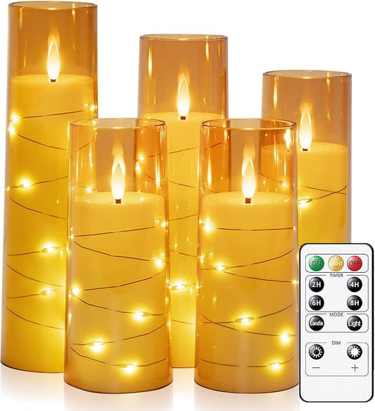 Raycare Flameless LED Candles with Embedded Star String, 5 Pcs Battery Operated Acrylic Pillar Candles with Timer and Remote, Flickering Candle for Romantic Ambiance and Home Decoration(Glod)