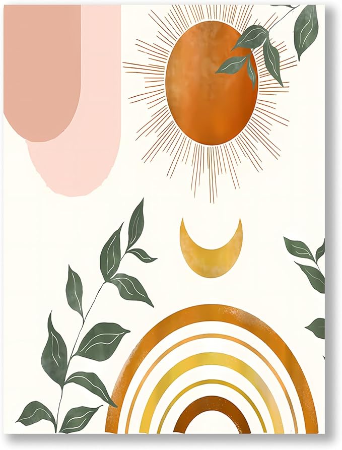 Boho Wall Art, Minimalist Framed Wall Art Geometric Line Leaf Sun Moon Rainbow Canvas Artwork Paintings, Abstract Botanical Boho Room Decor, Office, 12"x16"
