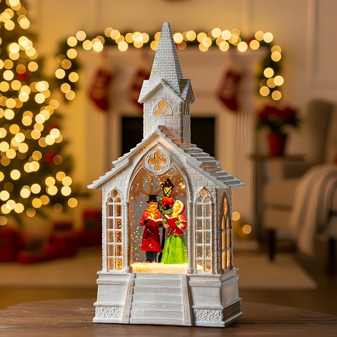 Christmas Snow Globe Lantern Musical Carolers Lighted Water Church, USB Lined/Battery Operated Lighted Lantern for Christmas Festival Decoration Gifts