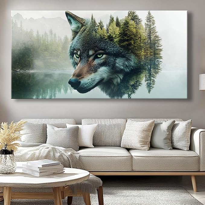Canvas Wall Art Wolf - Modern Landscape Paintings for Living Room, Bedroom Wall Decor, Framed Wall Art for Home or Office Decoration 28x58in